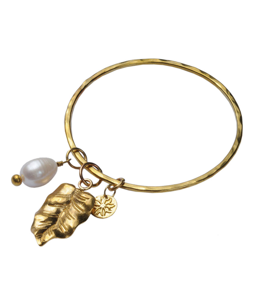 Brass Leaf Bangle with Freshwater Pearl