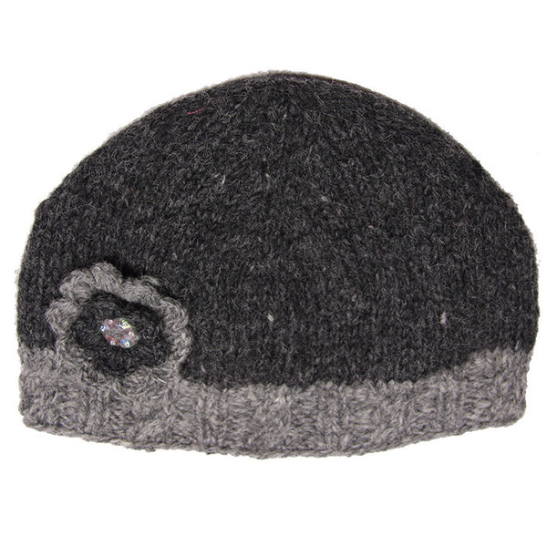 Charcoal Woollen Hat with Flower