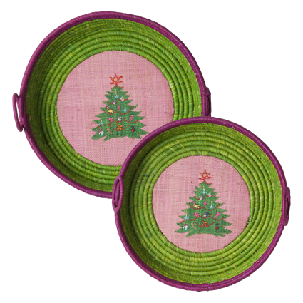 Set of 2 Green Raffia Christmas Tree Baskets