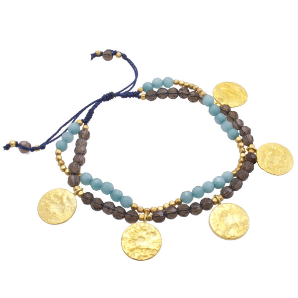 Smoky Quartz & Aqua Disc Charm Bracelet