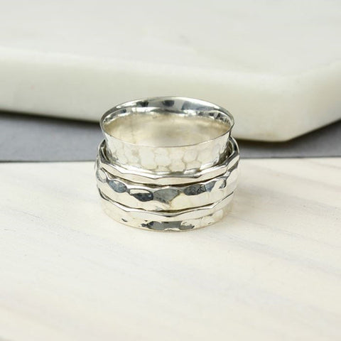 Sterling Silver Spinning Ring With Triple Textured Moving Bands