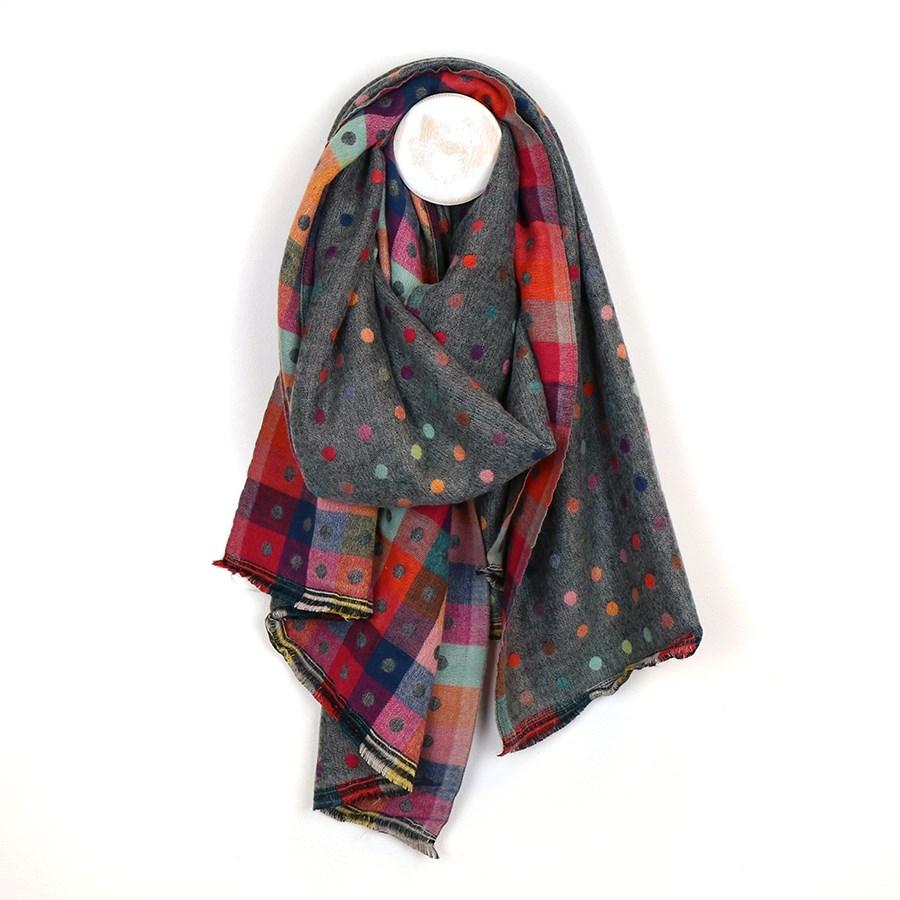 Grey Reversible Multicoloured Spot & Check Scarf