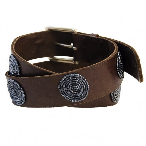 Grey Disc Bullet Beaded Leather Belt