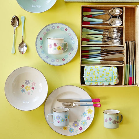 Soft Blue Enamel Lunch Plate with Flower Print