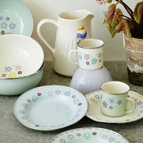 Soft Blue and Cream Enamel Bowl with Flower Print