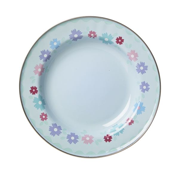 Soft Blue Enamel Lunch Plate with Flower Print