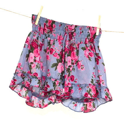 Smoky Blue Rose Printed Frilly Shorts