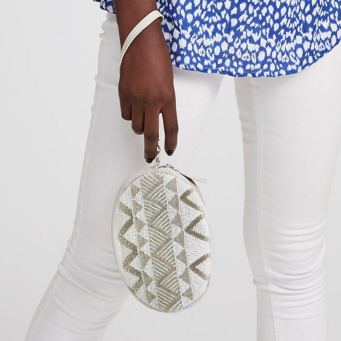 Silver & White Mariana 3 in 1 Leather Beaded Bag