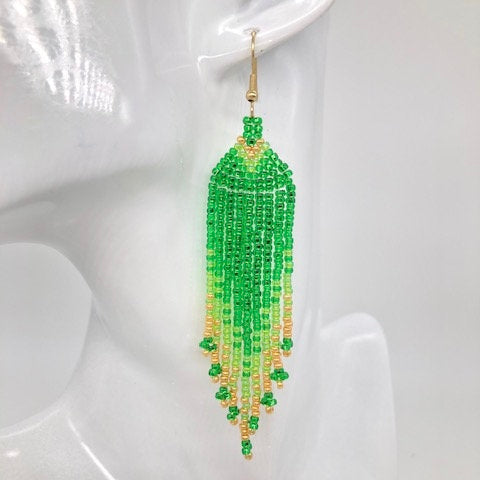 Green & Gold Beaded Earrings