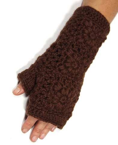 Brown Pure Wool Lacy Knit Hand Warmers