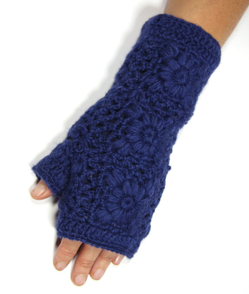 Dark Blue Pure Wool Lacy Knit Hand Warmers