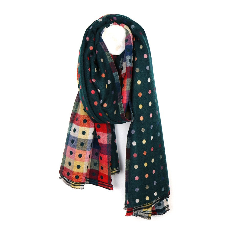 Green Reversible Multicoloured Spot & Check Scarf