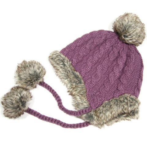 Dusky Mauve Fur Trimmed Bobble Hat