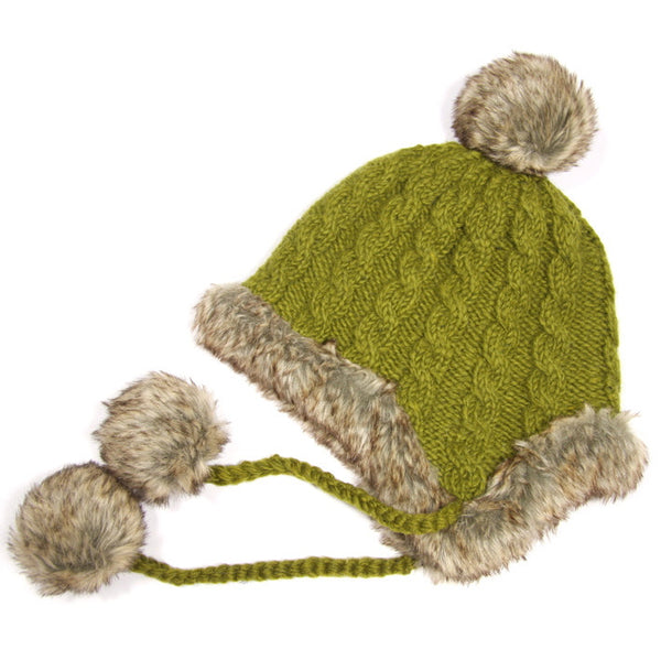 Olive Fur Trimmed Bobble Hat