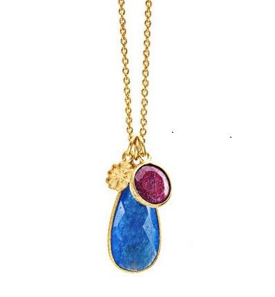 Blue Chalcedony & Ruby Teardrop Pendant Necklace