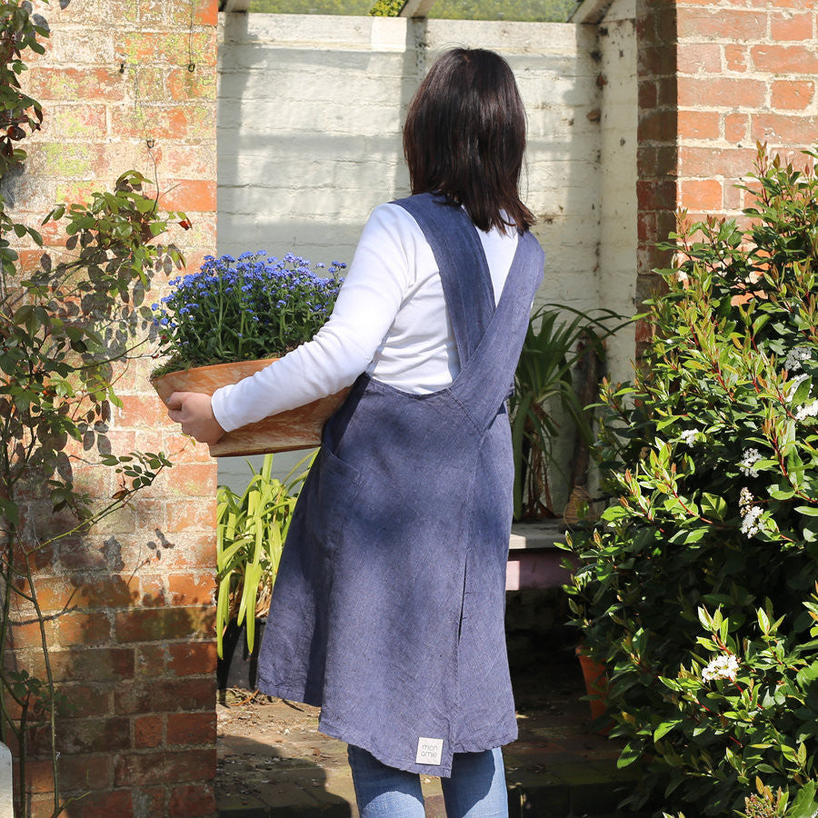 Cross Back Navy Linen Apron