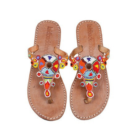 Multi Mid Brown Beaded Simba Flat Sandals