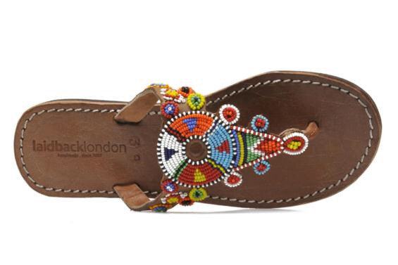 Multi Mid Brown Beaded Simba Flat Sandals