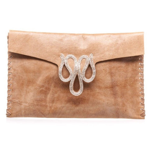 Kya Mid Brown Silver Beaded Clutch Bag