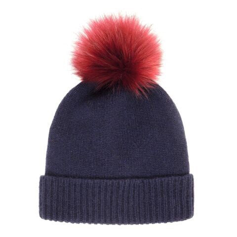 Blue Navy & Burgundy Cashmere & Faux Fur Pom Pom Beanie