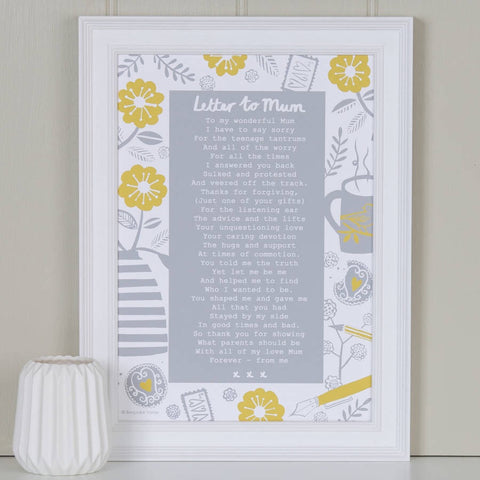 A Letter To Mum Poem Print