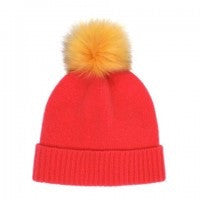 Coral Cashmere Beanie with Gold Fur Pom Pom