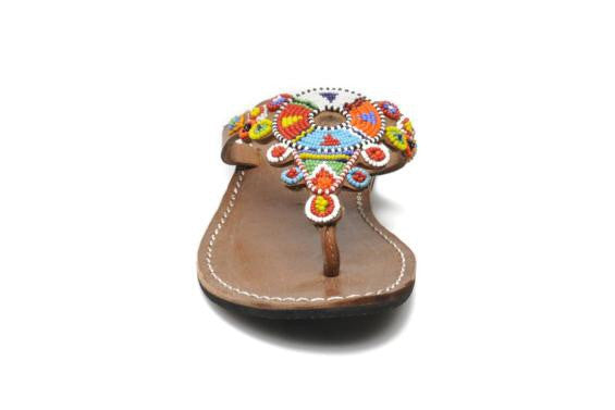 Multi Mid Brown Beaded Simba Flat Sandals