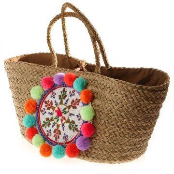 Multi Natural Seagrass Penelope Pom Pom Basket