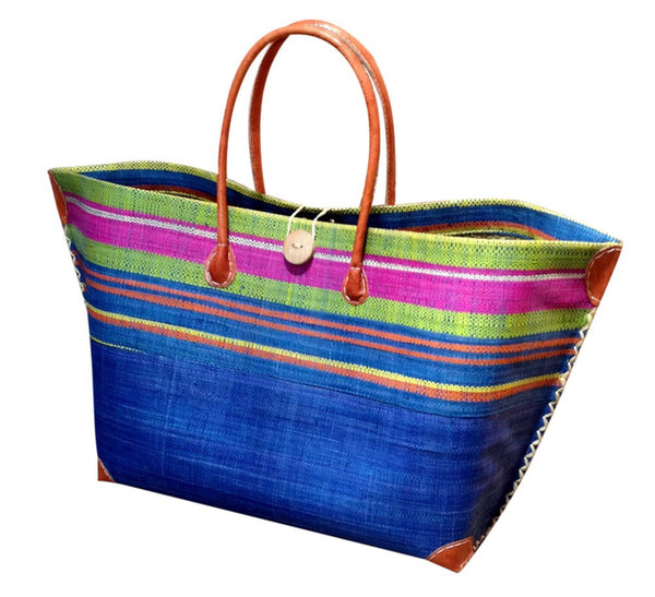 Blue Striped Raffia Beach Basket