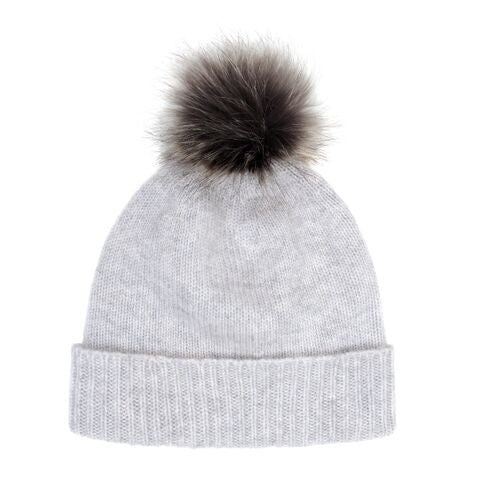 Grey/Lady Grey Cashmere & Faux Fur Pom Pom Beanie