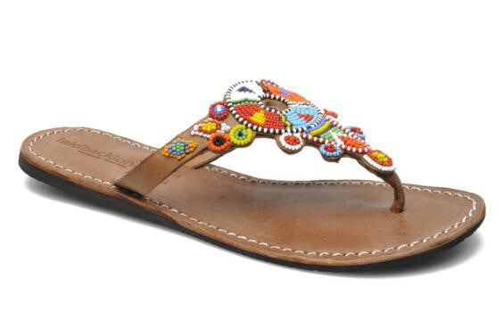 Multi Mid Brown Beaded Simba Flat Sandals