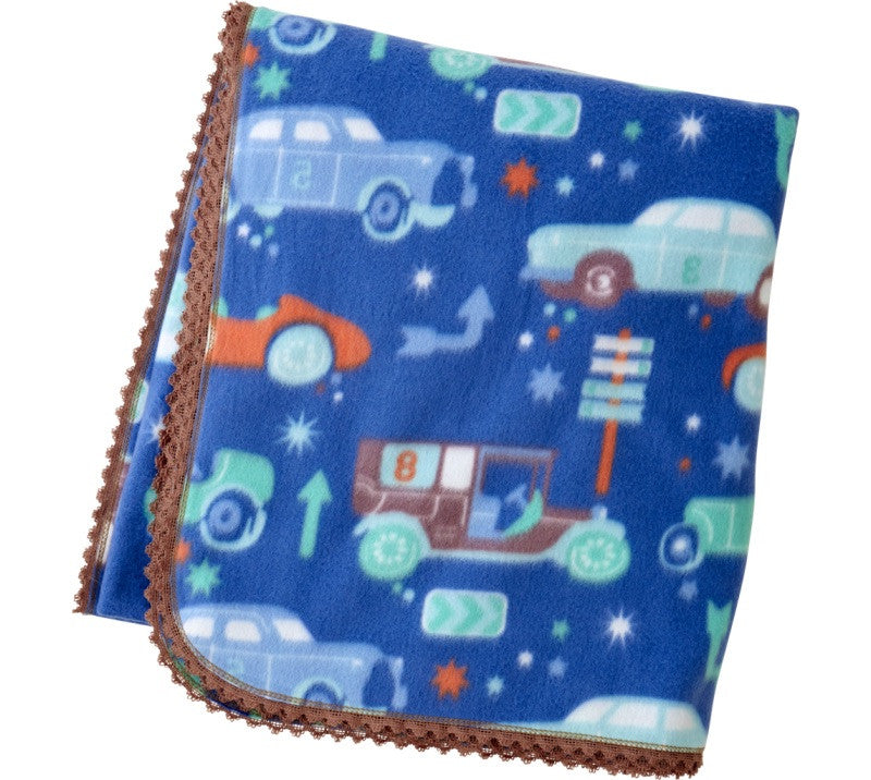 Blue Fleece Blanket With Vintage Cars Print