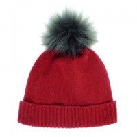 Burgundy Cashmere Beanie with Spruce Fur Pom Pom