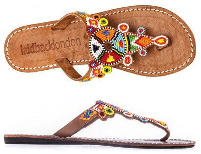 Multi Mid Brown Beaded Simba Flat Sandals