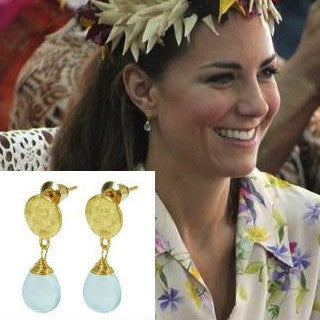 Azuni London Kate Middleton Disc Stud Earrings with Aqua Chalcedony Drops