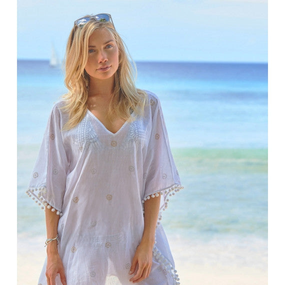 White Kiki Pom Pom Kaftan