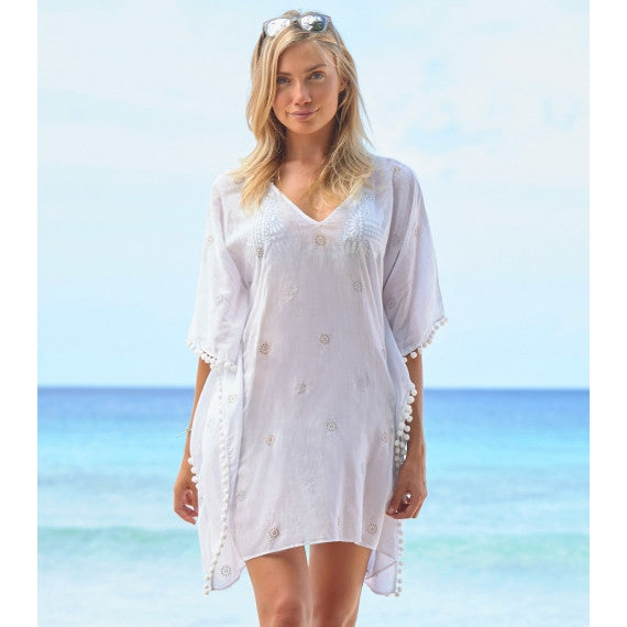 White Kiki Pom Pom Kaftan