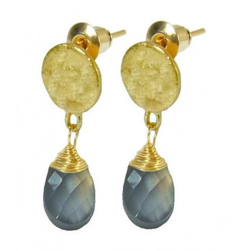 Azuni London Disc Stud Earrings with Labradorite Drops from Indigo Blue Trading