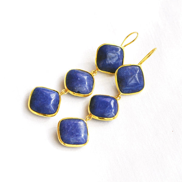 Gold Plated 3 Stone Lapis Lazuli Earrings