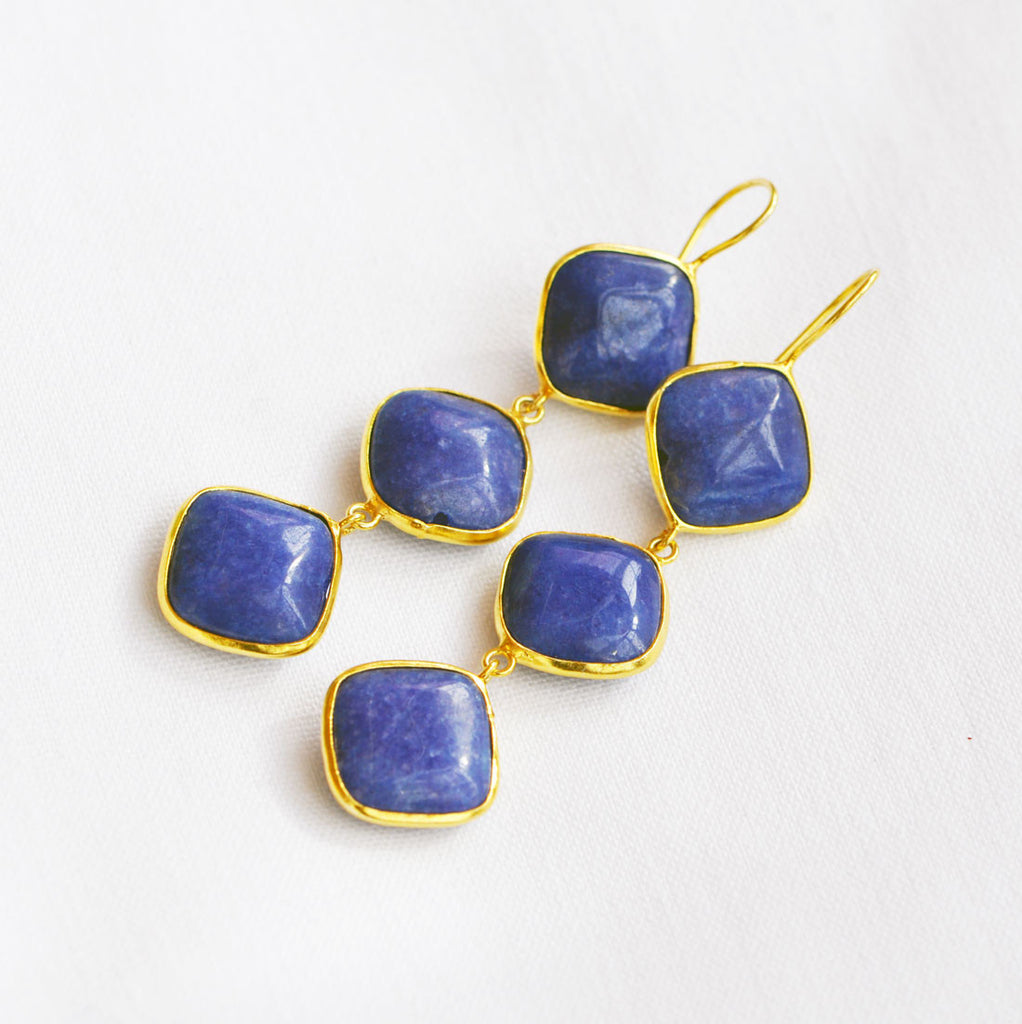 Gold Plated 3 Stone Lapis Lazuli Earrings