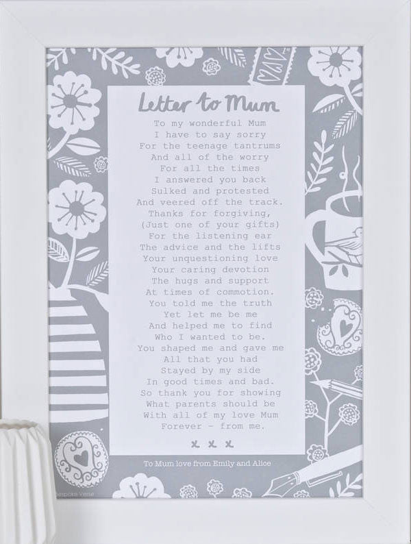 'A Letter To Mum' Poem Print