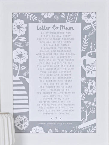 'A Letter To Mum' Poem Print