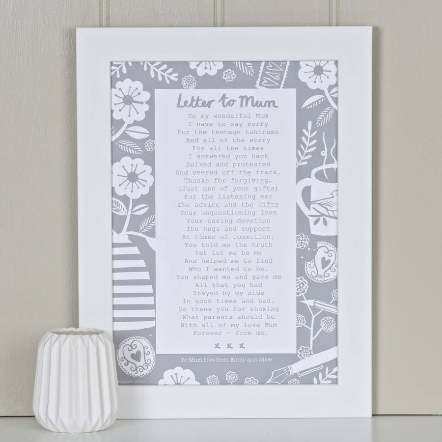 'A Letter To Mum' Poem Print