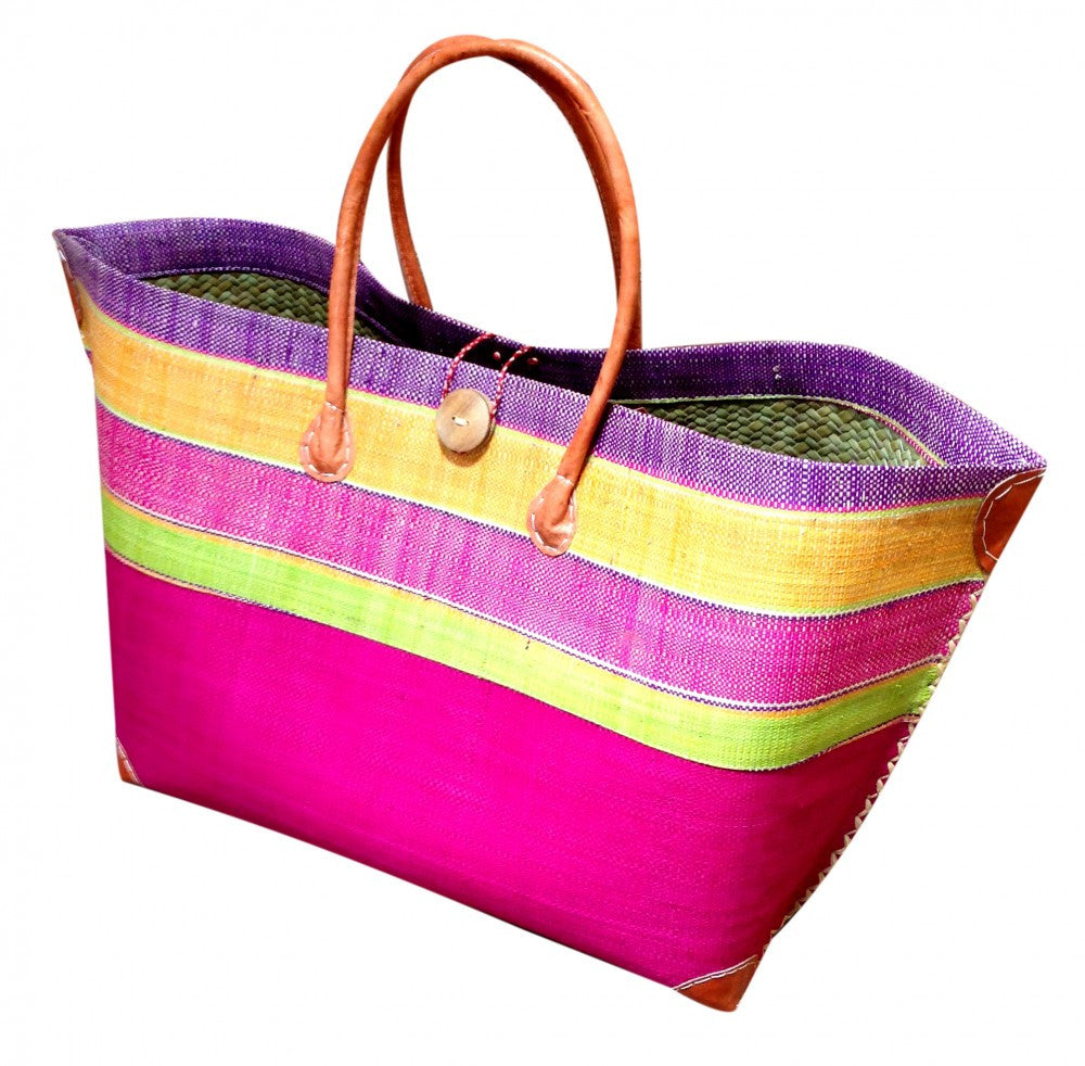 Hot Pink Striped Raffia Beach Basket