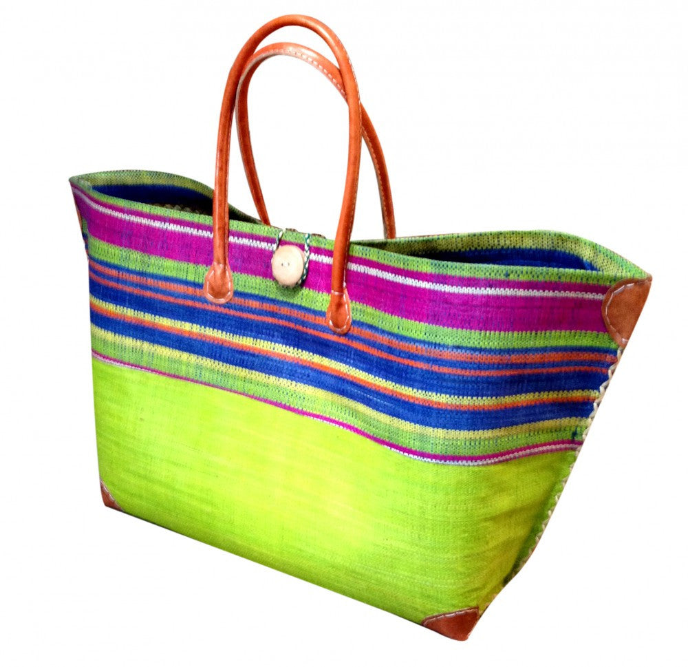 Lime Striped Raffia Beach Basket