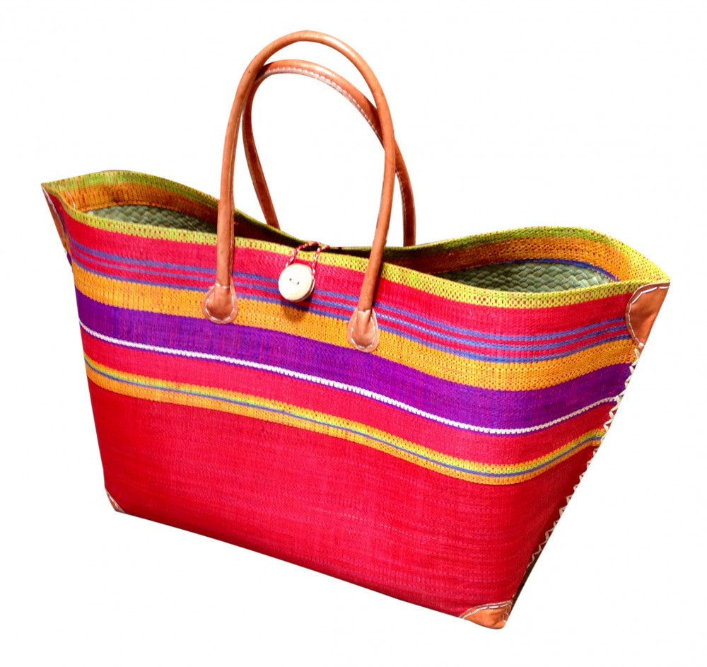 Red Striped Raffia Beach Basket