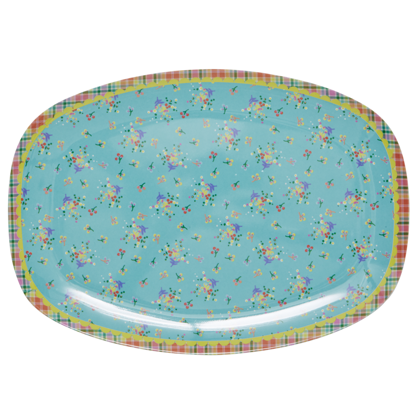 Aqua Mini Flower Print Melamine Rectangular Plate