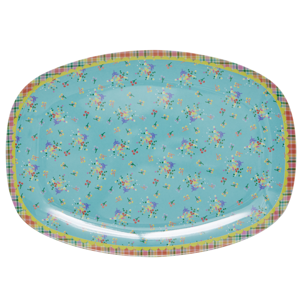 Aqua Mini Flower Print Melamine Rectangular Plate