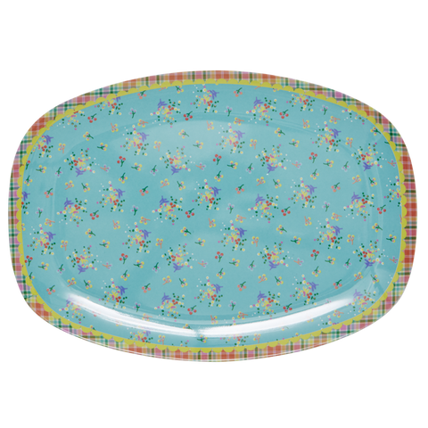 Aqua Mini Flower Print Melamine Rectangular Plate