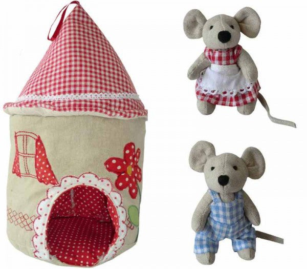Patchwork & Embroidered Mouse House with Two Mice
